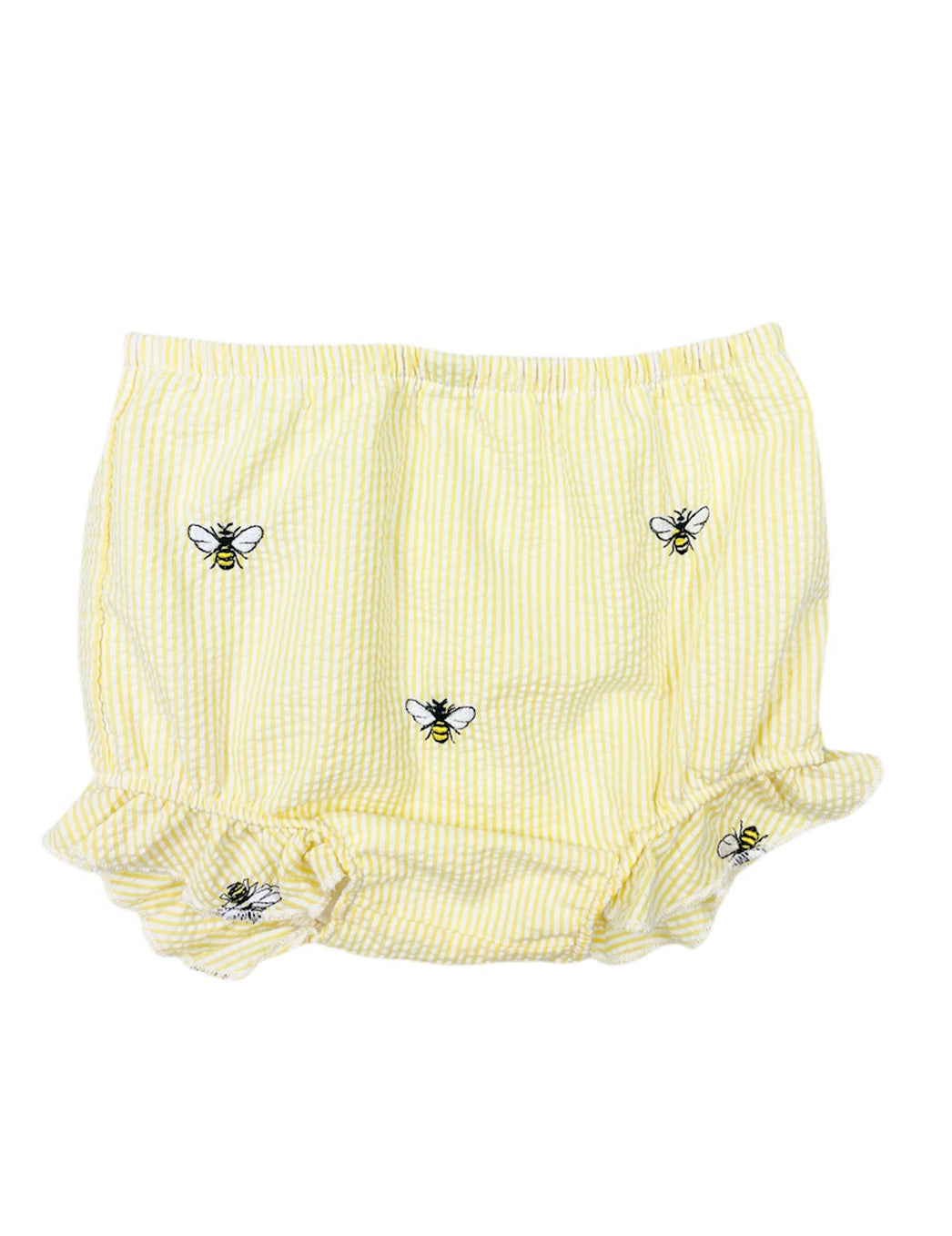 Yellow Seersucker Baby Bloomers with Embroidered Bees