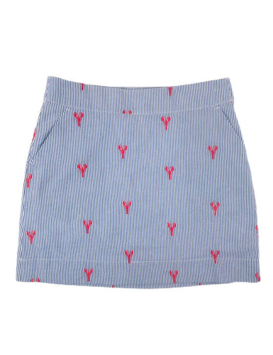Blue Seersucker Women's Skirt with Red Embroidered Lobsters