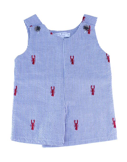 Blue Seersucker Baby Romper with Red Embroidered Lobsters