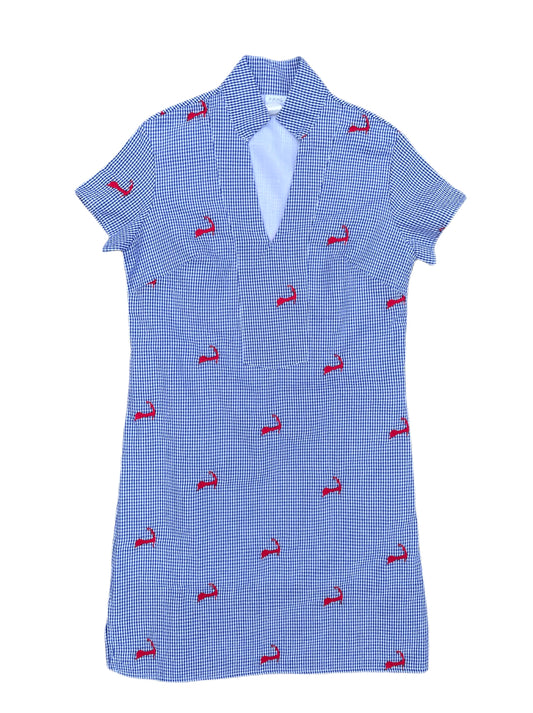 Blue Gingham Seersucker Tunic Dress with Red Embroidered Cape Cods
