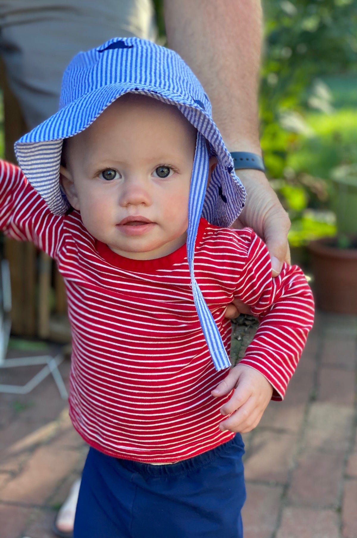 Blue Seersucker with Navy Embroidered Martha's Vineyards Baby Bucket Hat