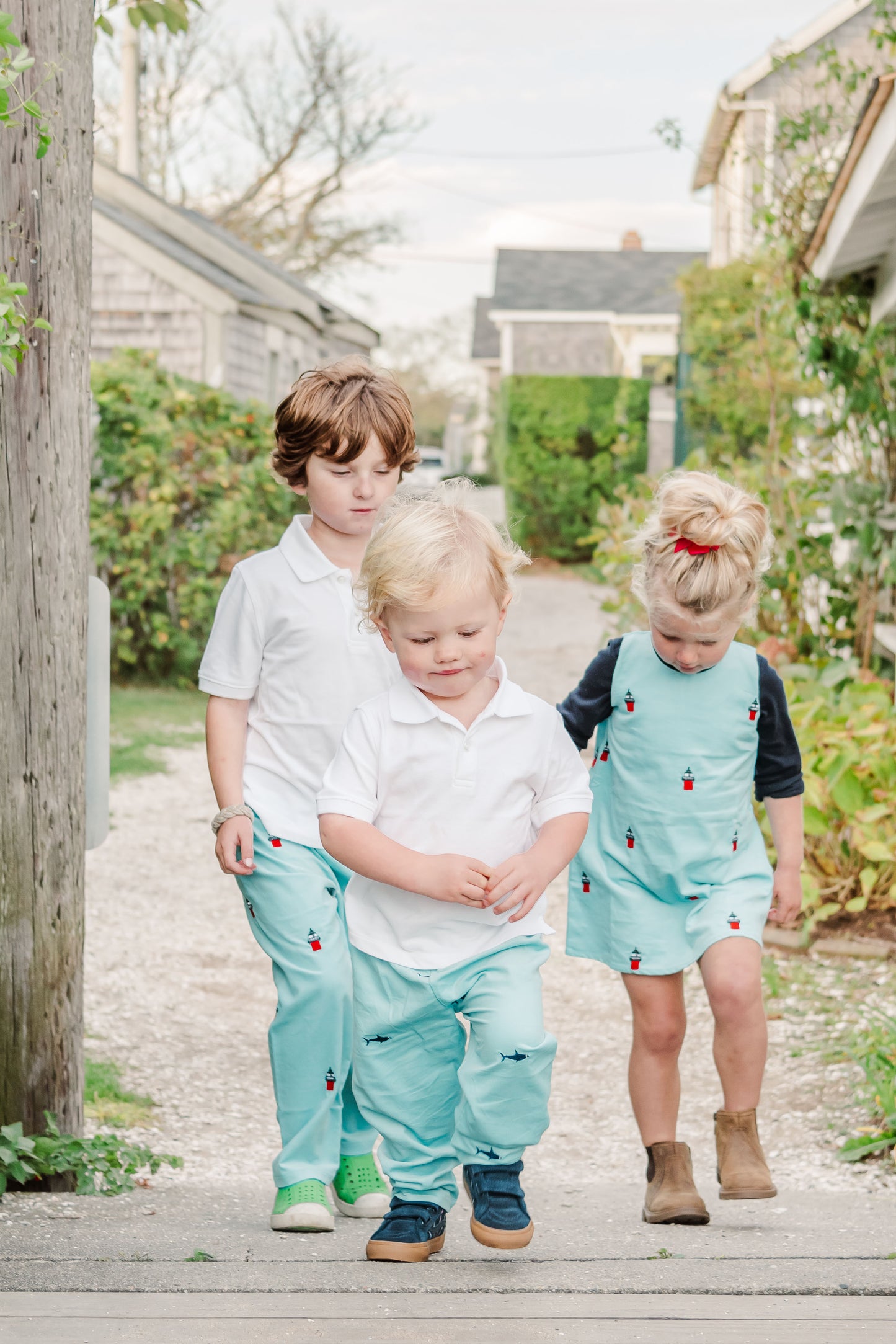 Turquoise Corduroy Jumper Dress with Embroidered Turquoise Corduroy Pants with Embroidered Duxbury Bay Lighthouse