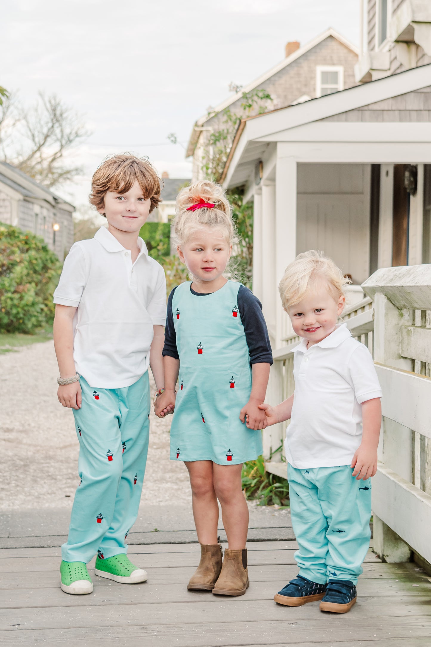 Turquoise Corduroy Jumper Dress with Embroidered Turquoise Corduroy Pants with Embroidered Duxbury Bay Lighthouse