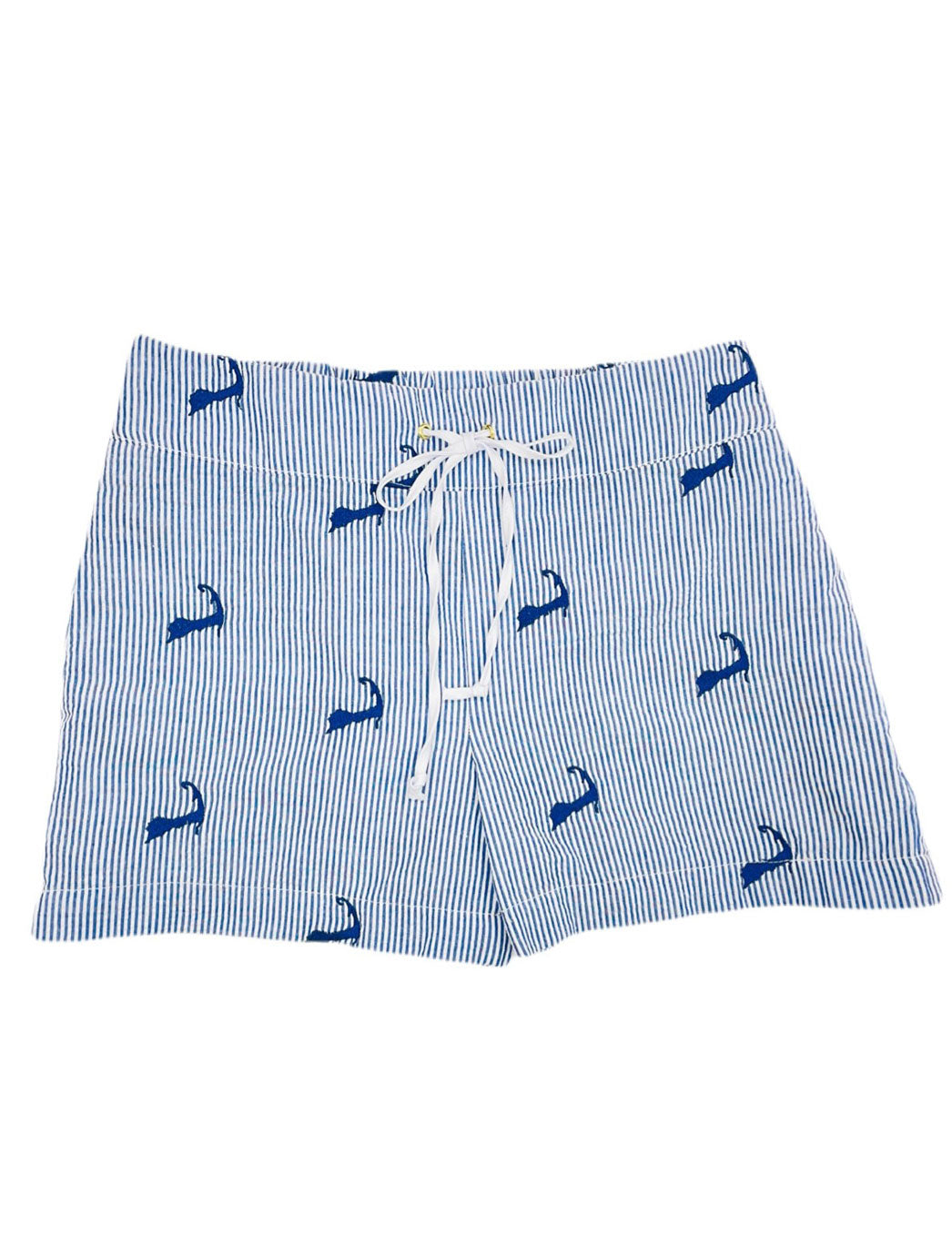 Blue Seersucker Ladies Lounge Short with Navy Embroidered Cape Cods