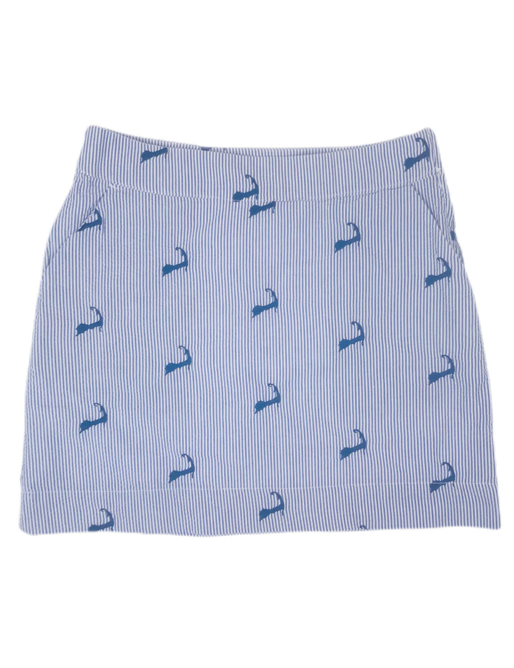 Blue Seersucker Women's Skirt with Navy Embroidered Cape Cods