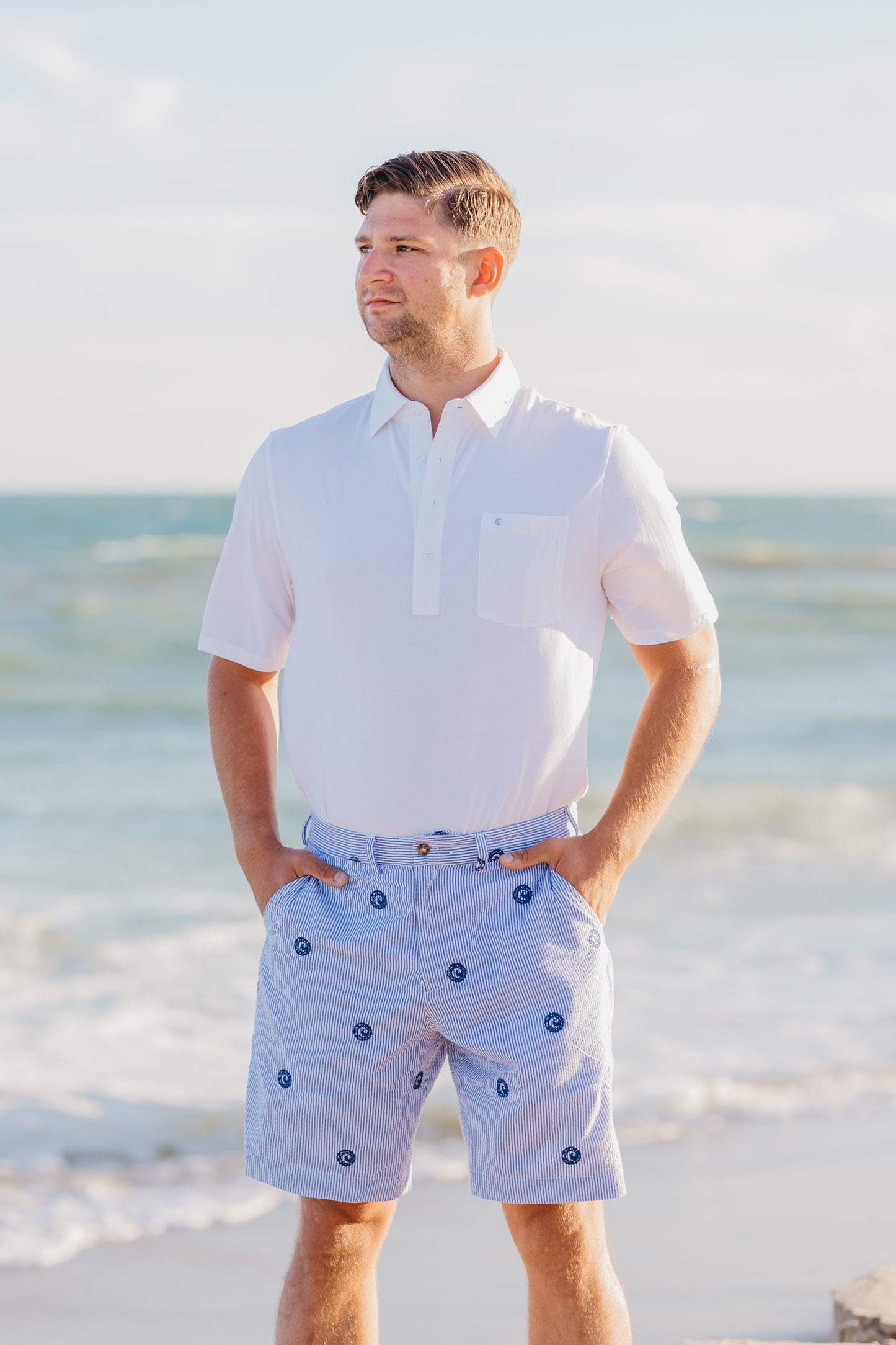 Preppy Blue Mens Seersucker Shorts with Navy Embroidered Cisco Brewers  Nantucket Logo – Piping Prints