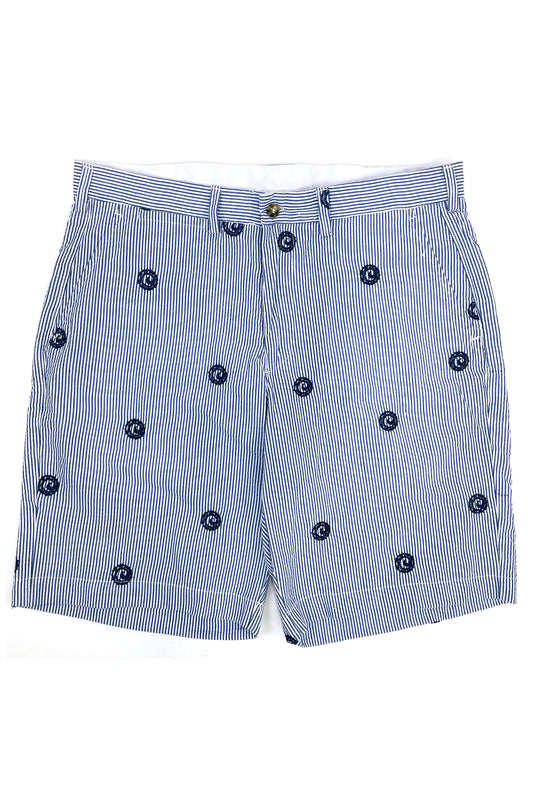 Blue Mens Seersucker Shorts with Navy Embroidered Cisco Brewers Logo
