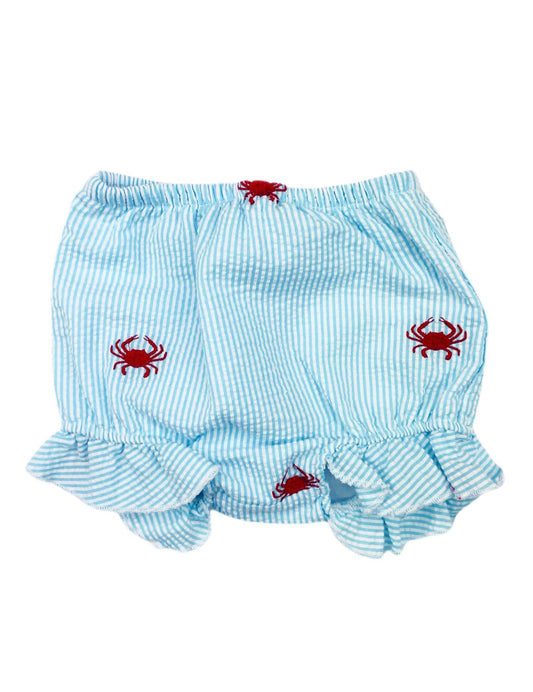 Turquoise Seersucker Baby Bloomers with Red Embroidered Crabs