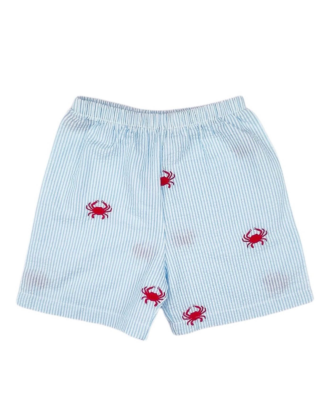 Turquoise Kids Seersucker Shorts with Red Embroidered Crabs