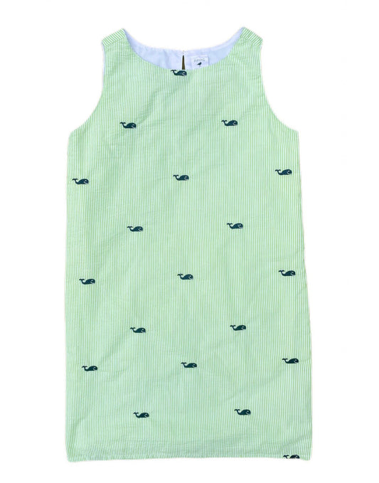 Lime Green Seersucker Women's Dress with Navy Embroidered Whales