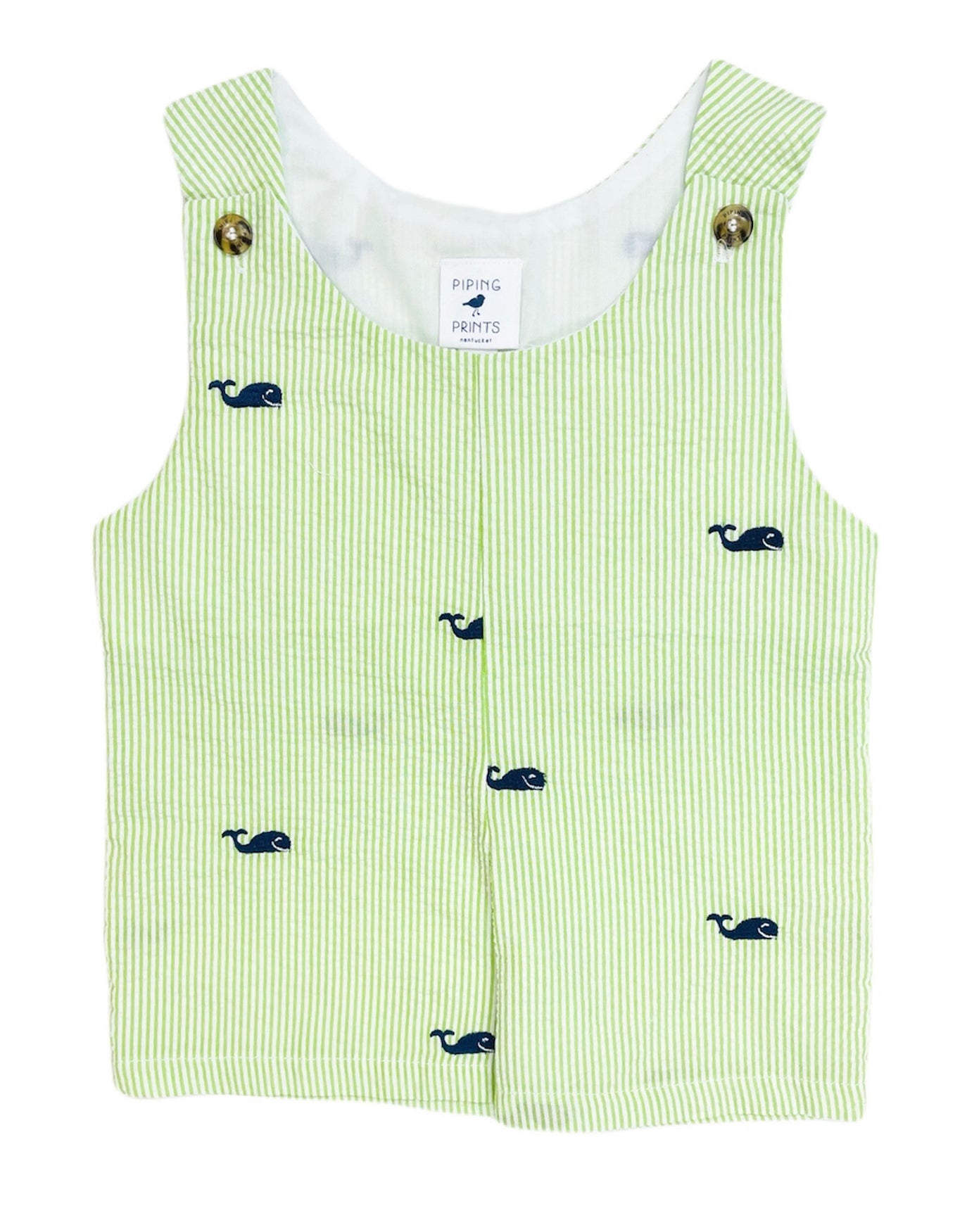 Green Seersucker Baby Romper with Navy Embroidered Whales