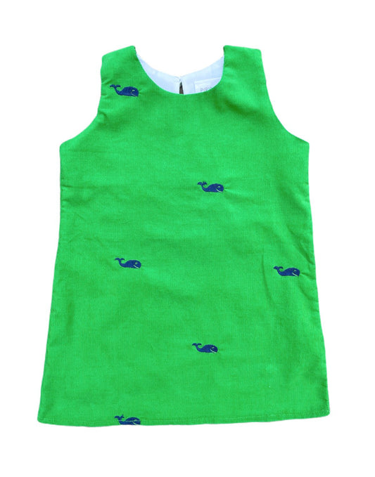 Green Corduroy Jumper Dress with Navy Whales