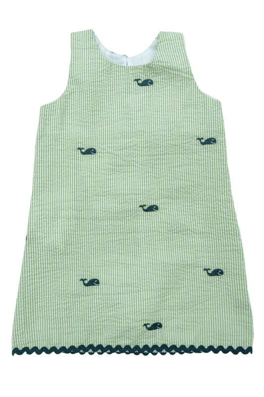 Lime Green Seersucker Girls Dress with Navy Embroidered Whales