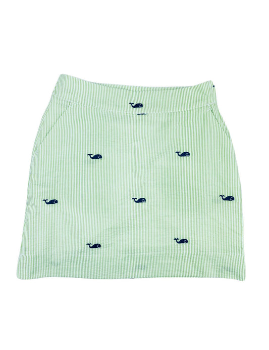 Green Seersucker Women's Skirt with Navy Embroidered Whales