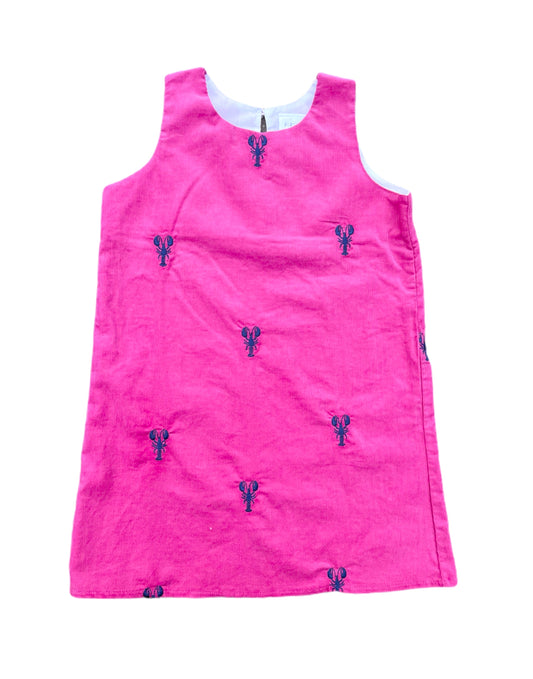 Hot Pink Corduroy Jumper Dress with Navy Embroidered Lobsters