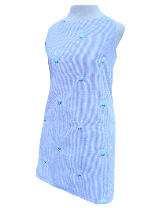 Lilac Seersucker Women's Dress with  Embroidered Hydrangeas