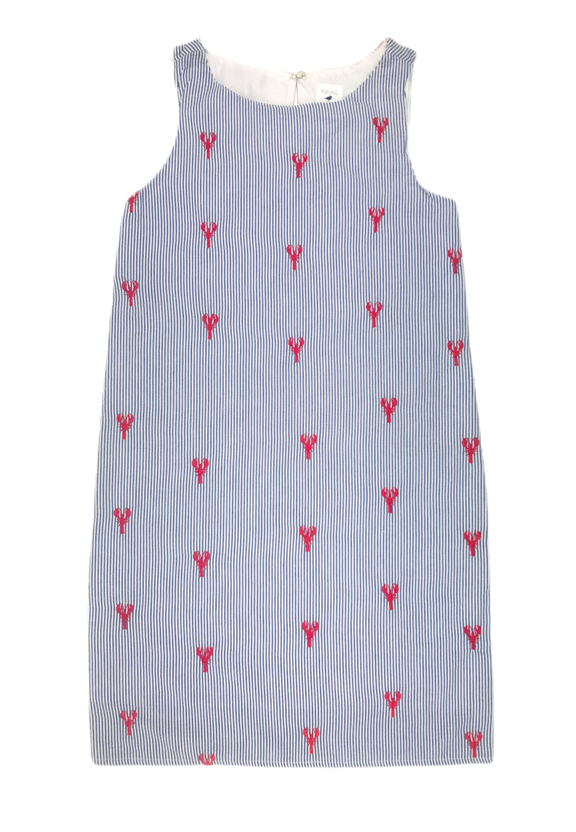 Blue Women's Seersucker Dress with Red Embroidered Lobsters