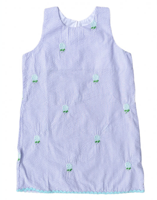 Lilac Seersucker Girls Dress with Embroidered Hydrangea Flowers