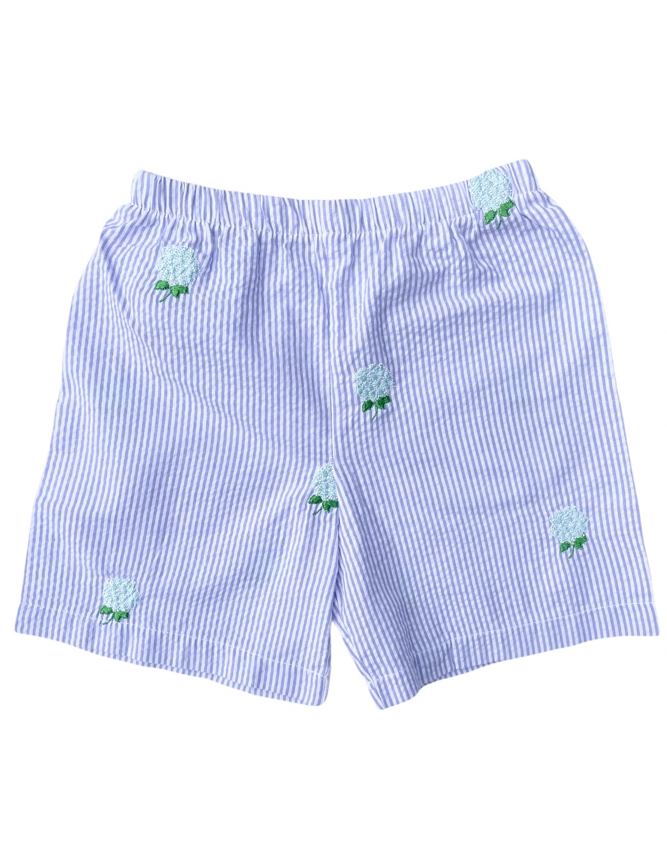 Lilac Kids Seersucker Shorts with Embroidered Hydrangeas