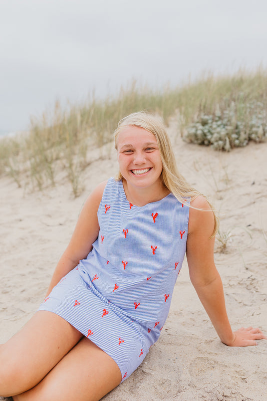 Blue Women's Seersucker Dress with Red Embroidered Lobsters