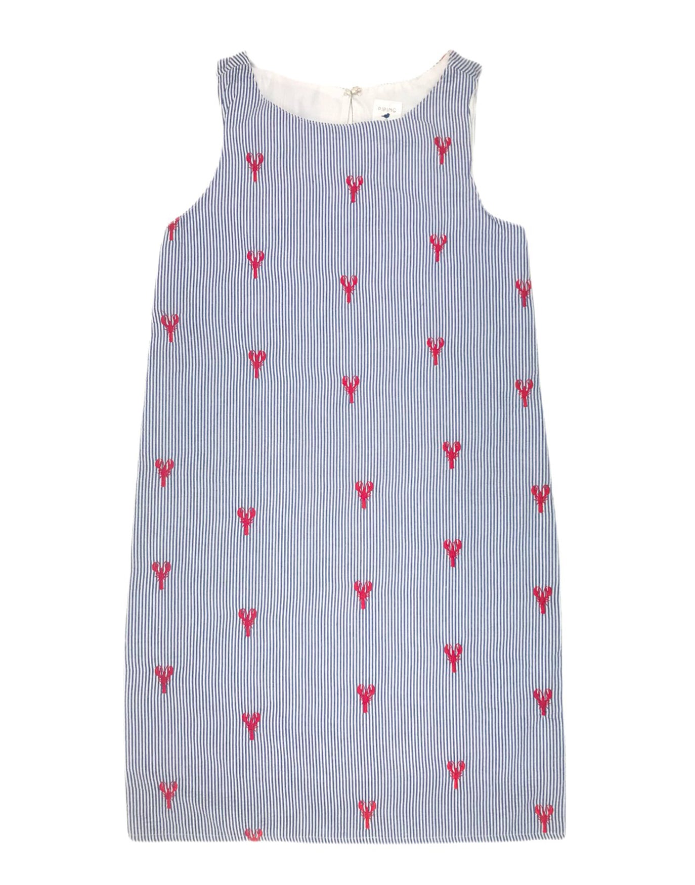 Navy Women's Seersucker Dress with Red Embroidered Lobsters Piping Prints