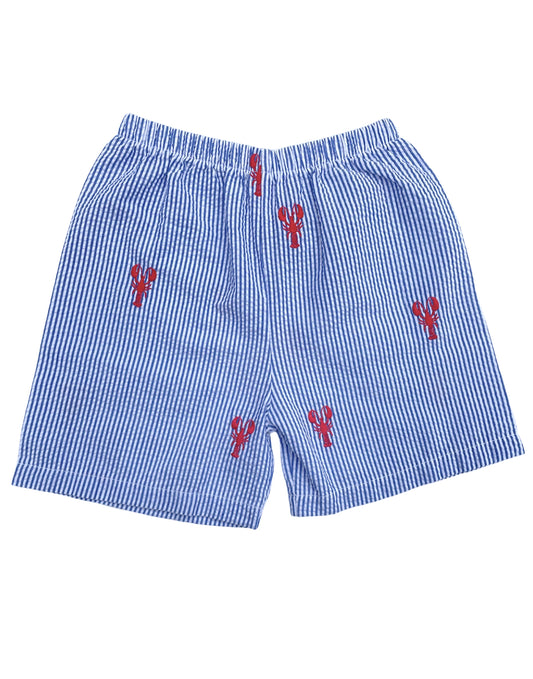 Blue Seersucker Kids Shorts with Red Embroidered Red Lobsters