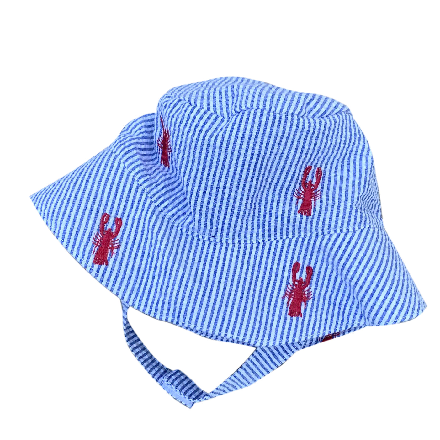 Blue Seersucker with Red Embroidered Lobsters Baby Bucket Hat