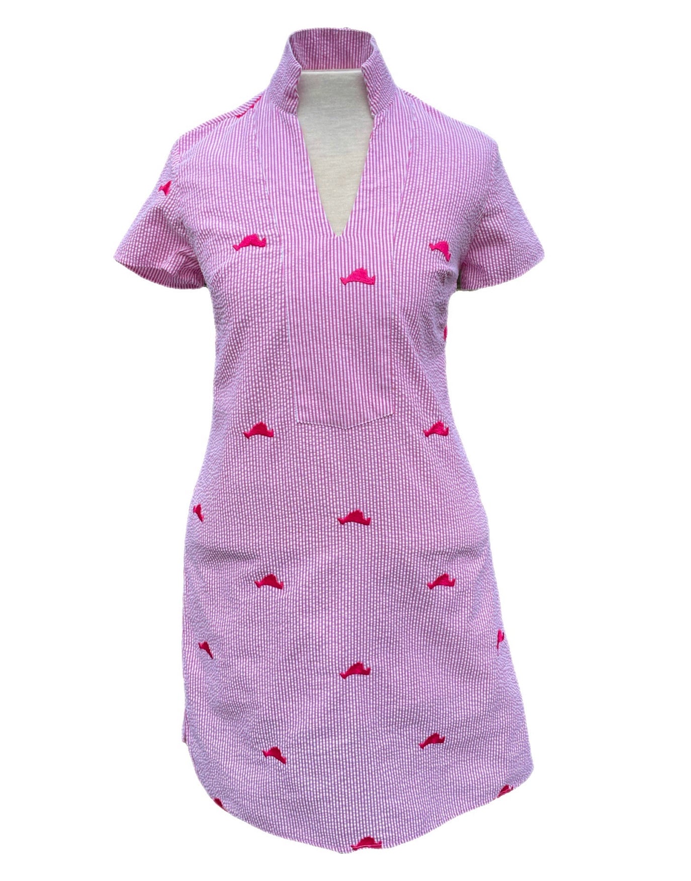 Pink Seersucker Tunic Dress with Pink Embroidered Martha's Vineyards