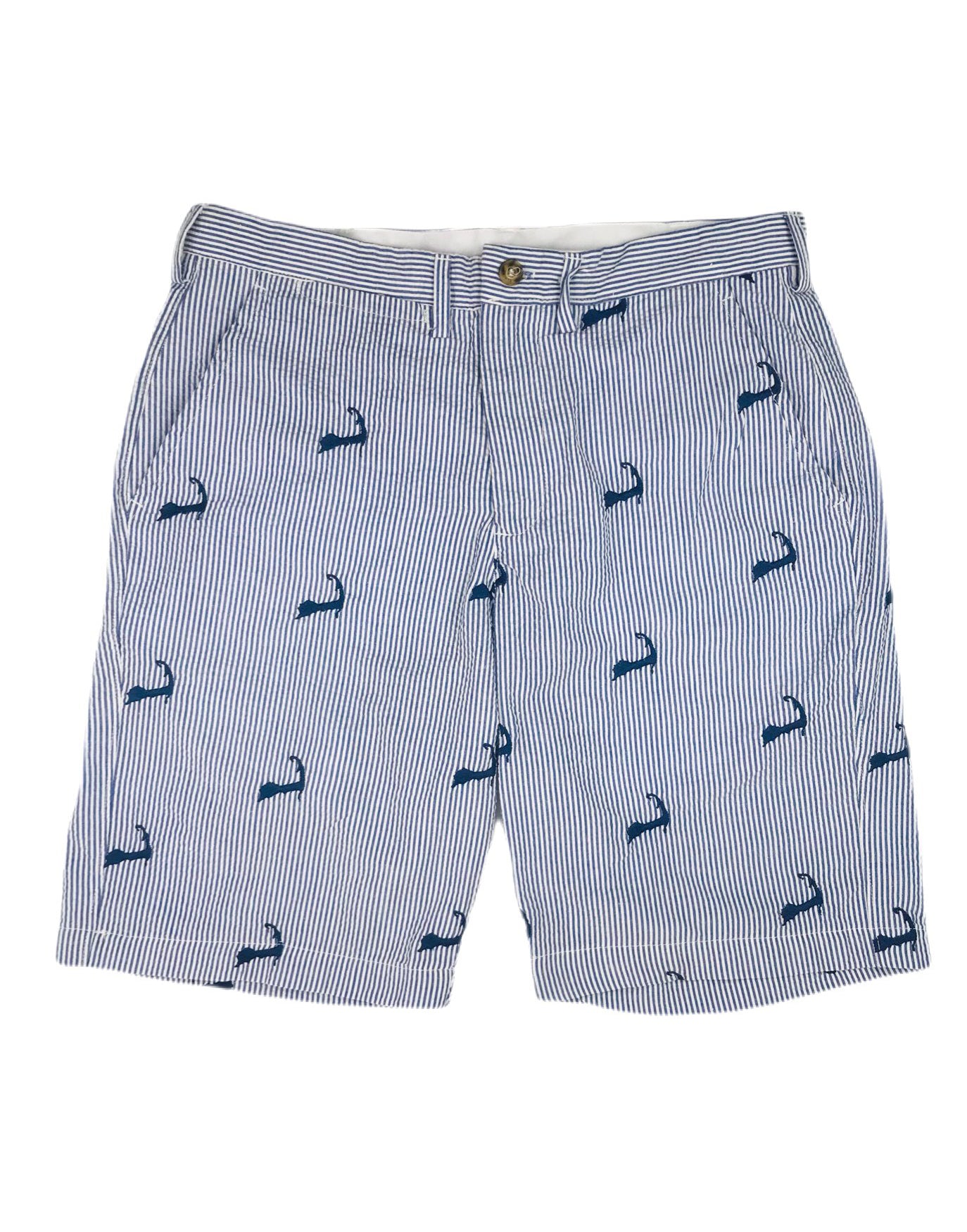 Blue Mens Embroidered Seersucker Shorts with Navy Embroidered Cape Cods