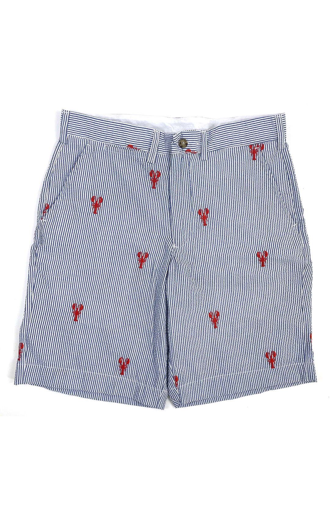 Blue Mens Seersucker Shorts with Red Embroidered Lobsters – Piping Prints