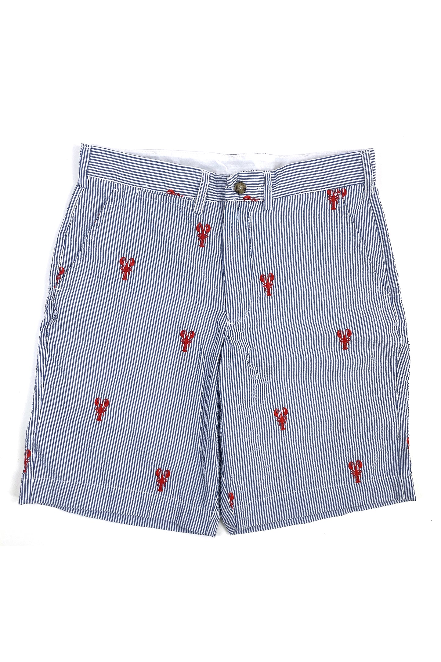 Blue Mens Seersucker Shorts with Red Embroidered Lobsters