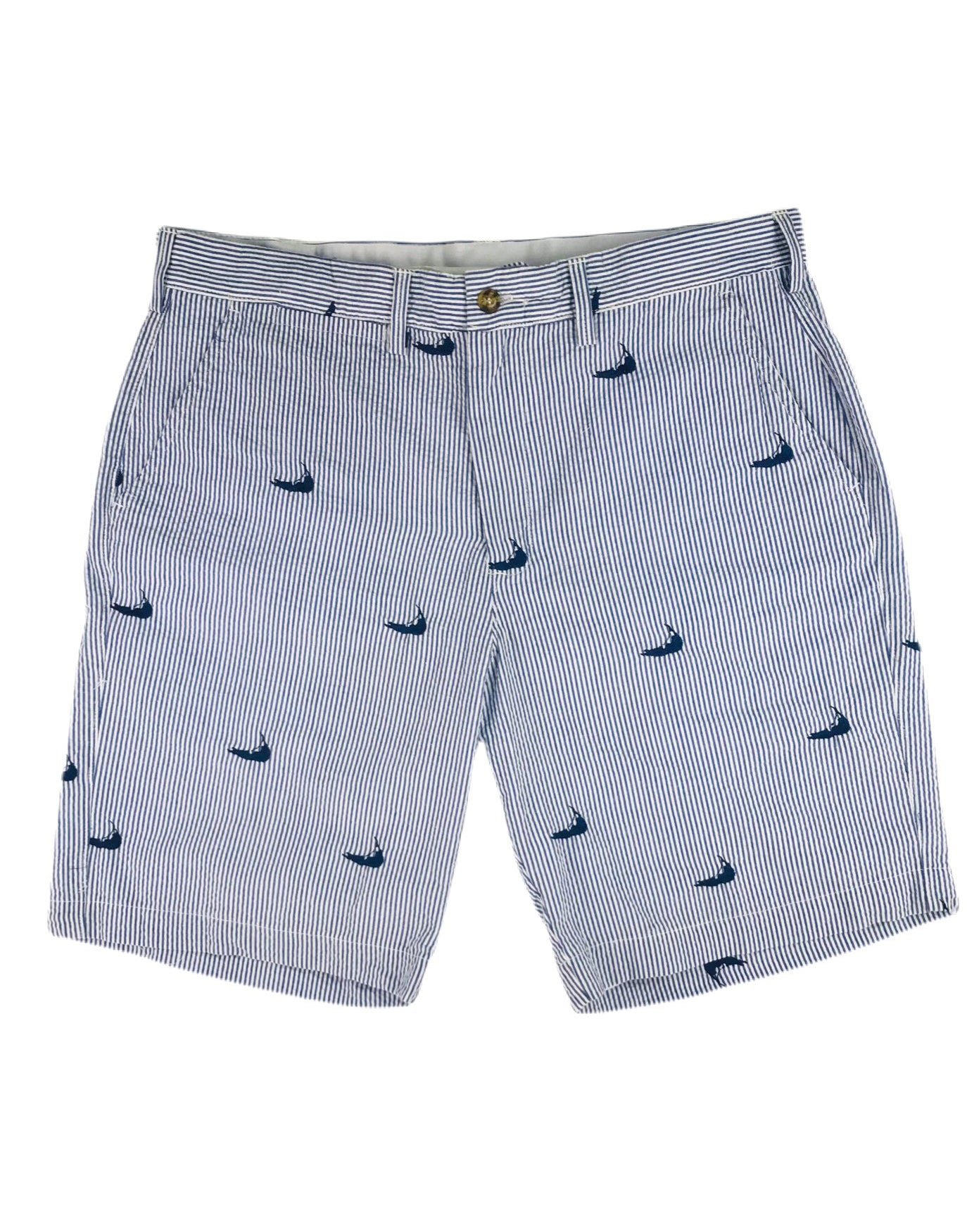 Blue Mens Seersucker Shorts with Navy Embroidered Nantuckets