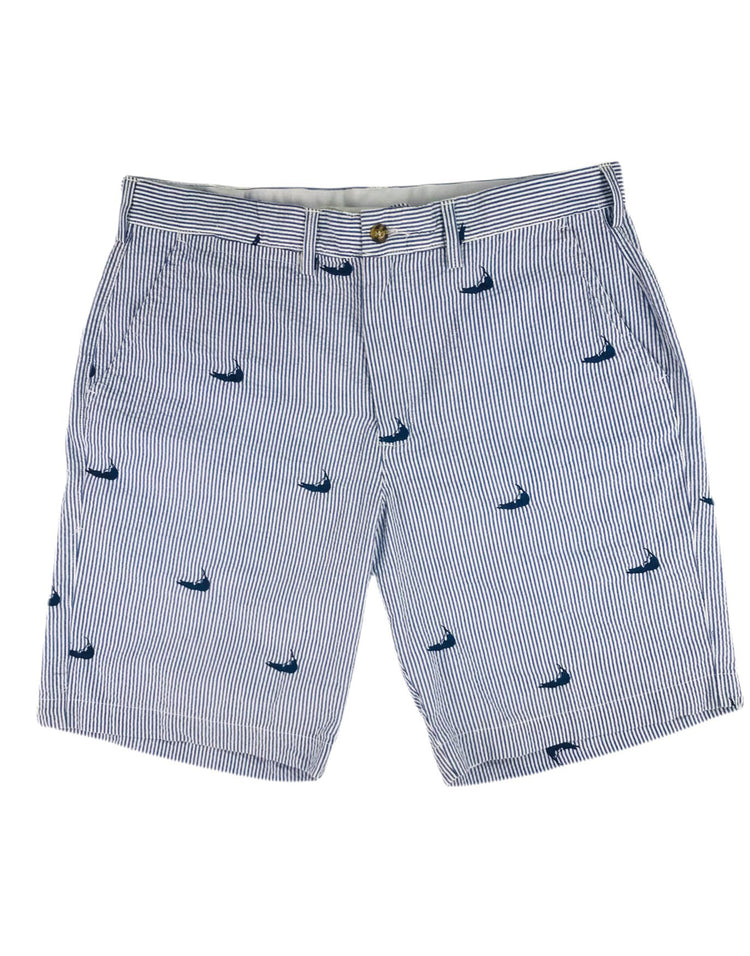 Blue Mens Seersucker Shorts with Navy Embroidered Nantuckets – Piping ...