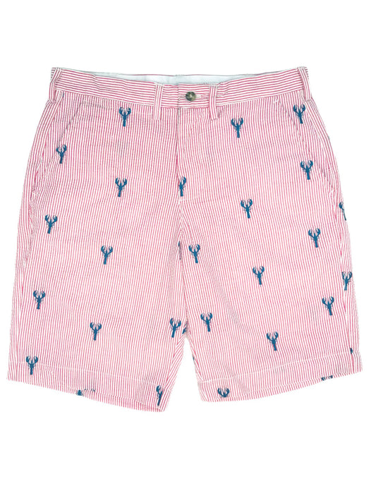 Red Mens Seersucker Shorts with Navy Embroidered Lobsters