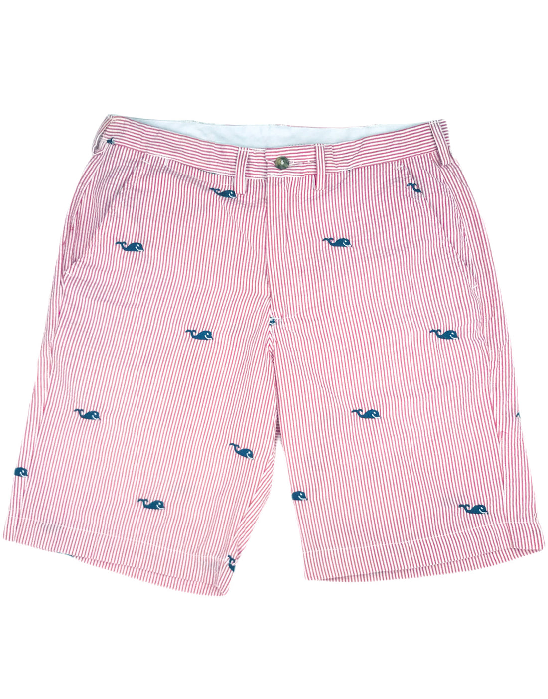 Red Mens Seersucker Shorts with Navy Embroidered Whales – Piping Prints