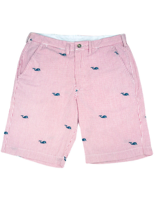Red Mens Seersucker Shorts with Navy Embroidered Whales