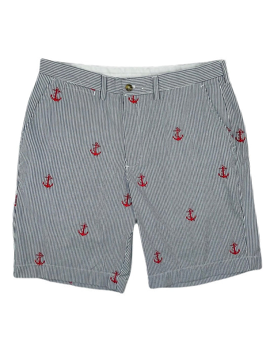 Navy Mens Seersucker Shorts with Red Embroidered Anchors