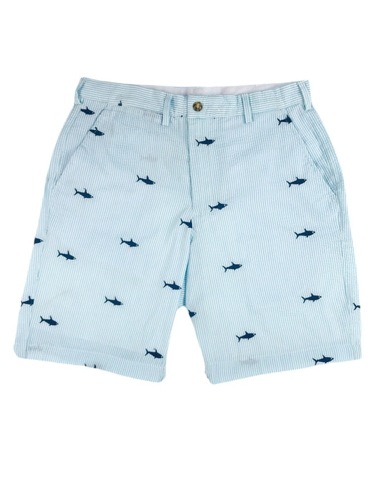 Turquoise  Mens Seersucker Shorts with Navy Embroidered Sharks