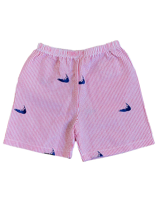 Red Kids Seersucker Shorts with Navy Embroidered Nantuckets