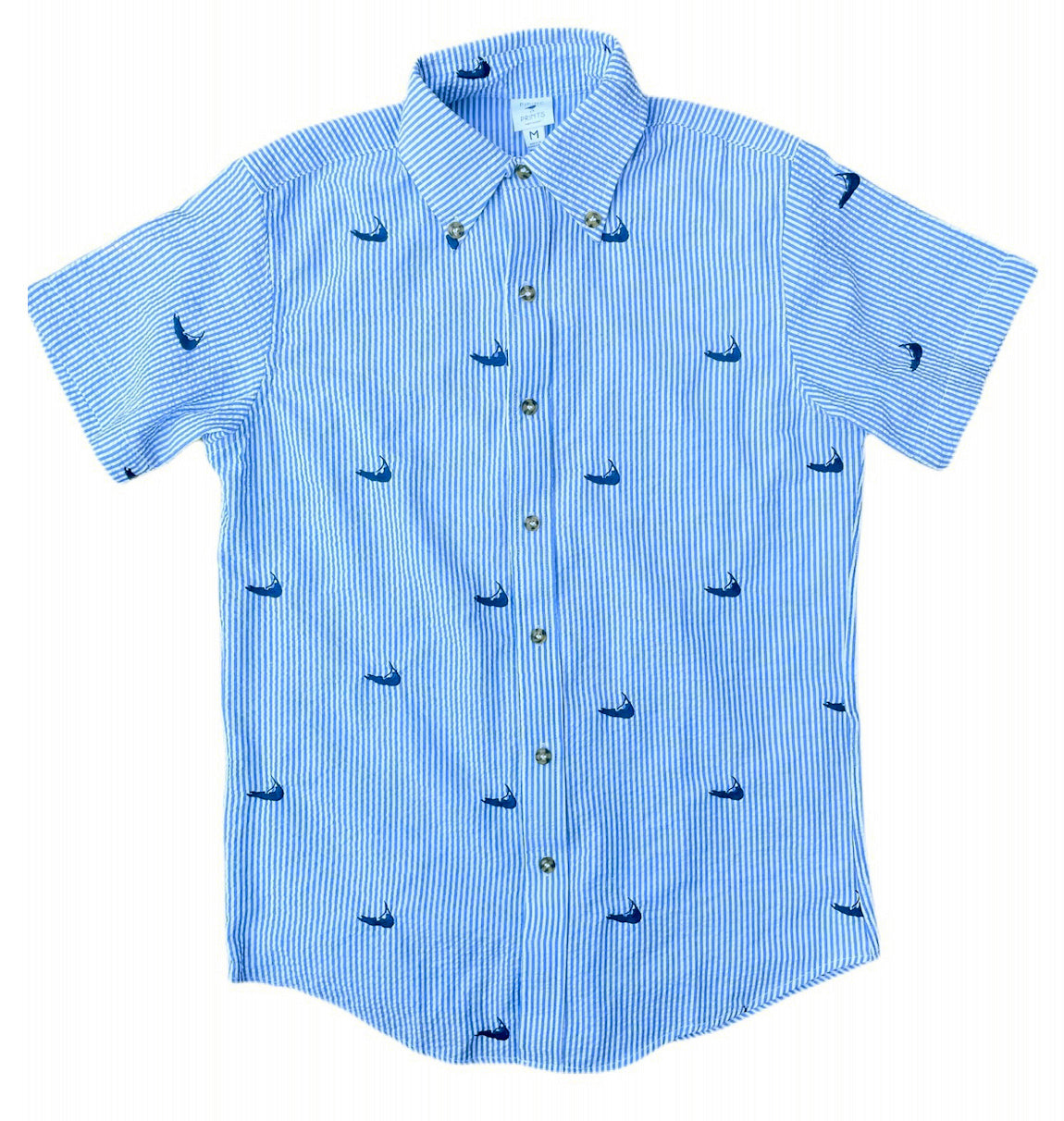 Blue Seersucker with Navy Nantuckets Button Down Short Sleeved Shirt