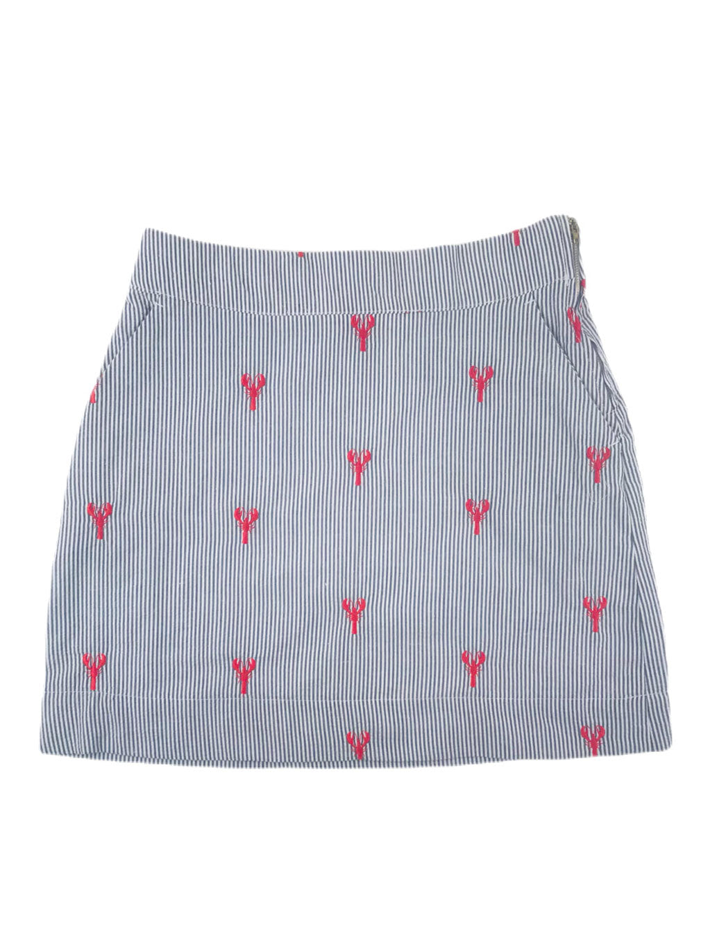 Navy Seersucker Women's Skirt with Red Embroidered Lobsters