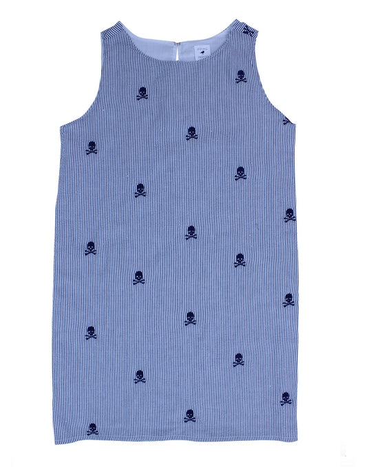 Indigo Seersucker Women's Dress with Navy Embroidered Pirate Skulls
