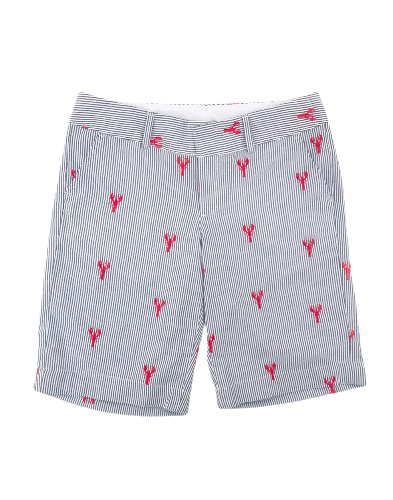 Women s Seersucker Bermuda Shorts with Red Embroidered Lobsters