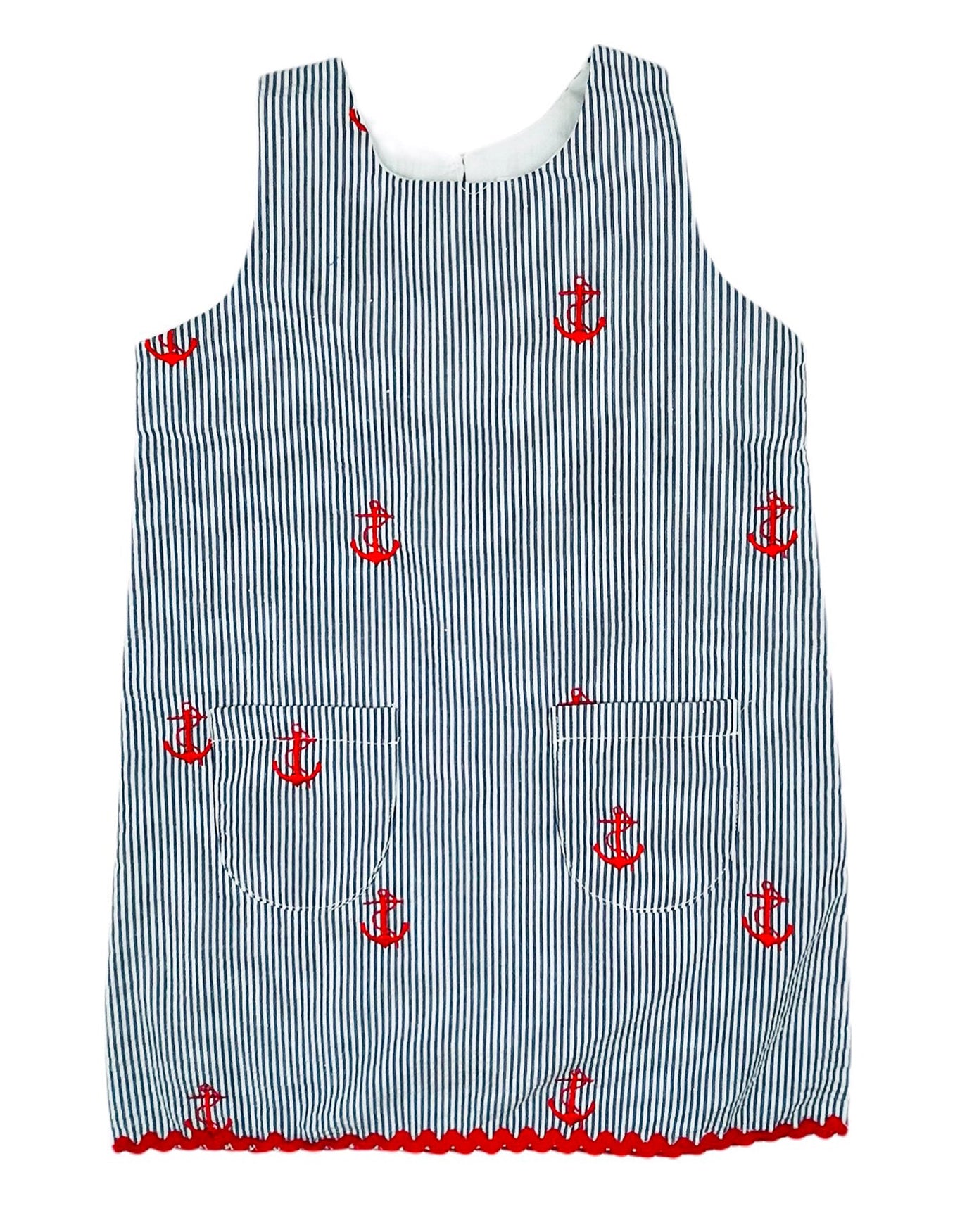 Navy Seersucker Girls Ric-Rac Dress with Red Embroidered Anchors