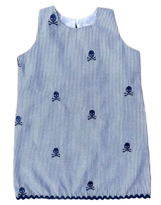 Navy Seersucker Girls Ric-Rac Dress with Navy Embroidered Pirate Skulls