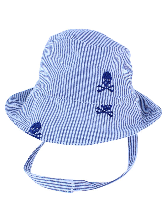 Navy Seersucker with Navy Embroidered Pirate Skulls Baby Bucket Hat