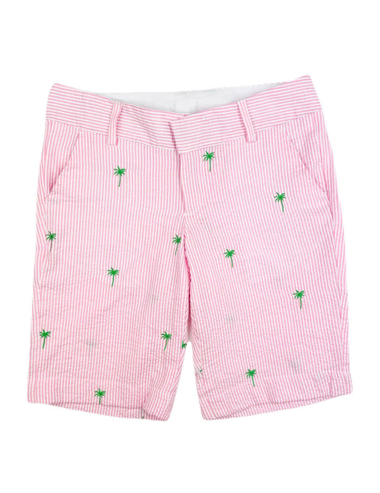 Light Pink Seersucker Women's Bermuda Shorts with Green Embroidered Palm Trees