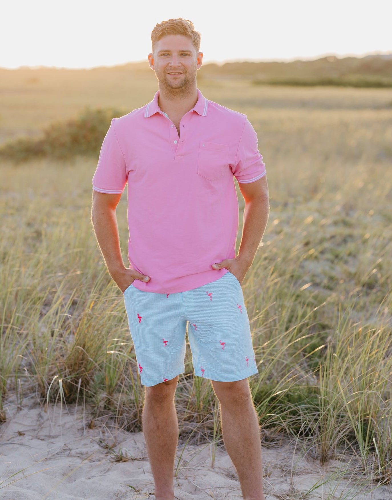 Turquoise Mens Seersucker Shorts with Pink Embroidered Flamingos