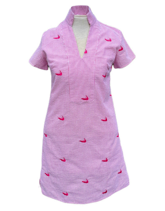 Pink Seersucker Tunic Dress with Pink Embroidered Nantuckets
