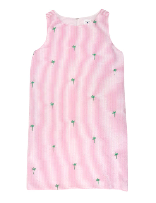 Pink Seersucker Women's Dress with Green Embroidered Palm Trees